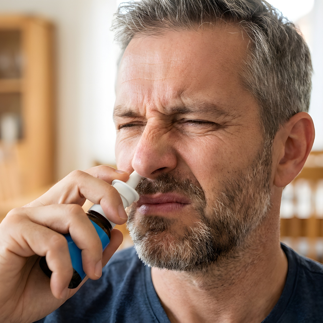 Man using nasal spray for congestion relief โ nasal strips vs nasal spray comparison