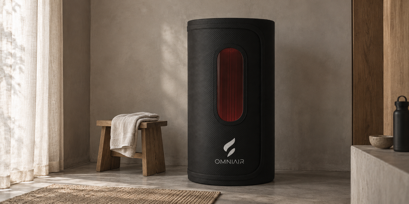 Black OMNIAIR portable sauna beside a wooden stool in a softly lit home interior.