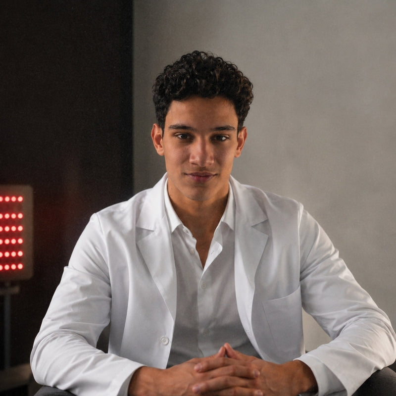 Young man in white shirt seated against a soft background, related to red light therapy and skin science.