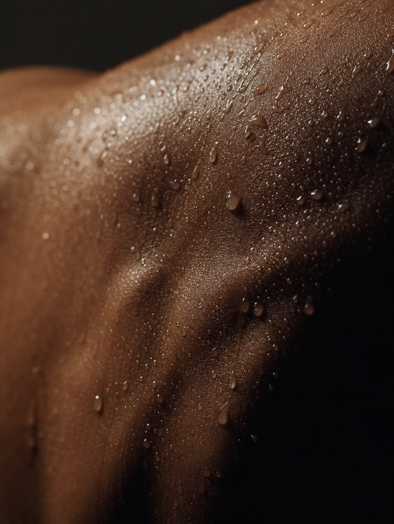 Close-up van waterdruppels op een schouder