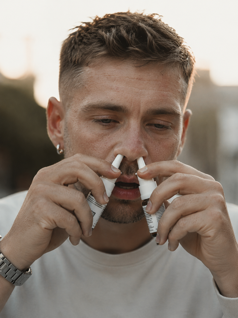 Close-up portrait of a tired man using nasal spray with both hands, illustrating nasal spray dependency and breathing issues, with realistic skin texture and warm cinematic color grading for a blog post about nasal strips vs nasal spray safety.