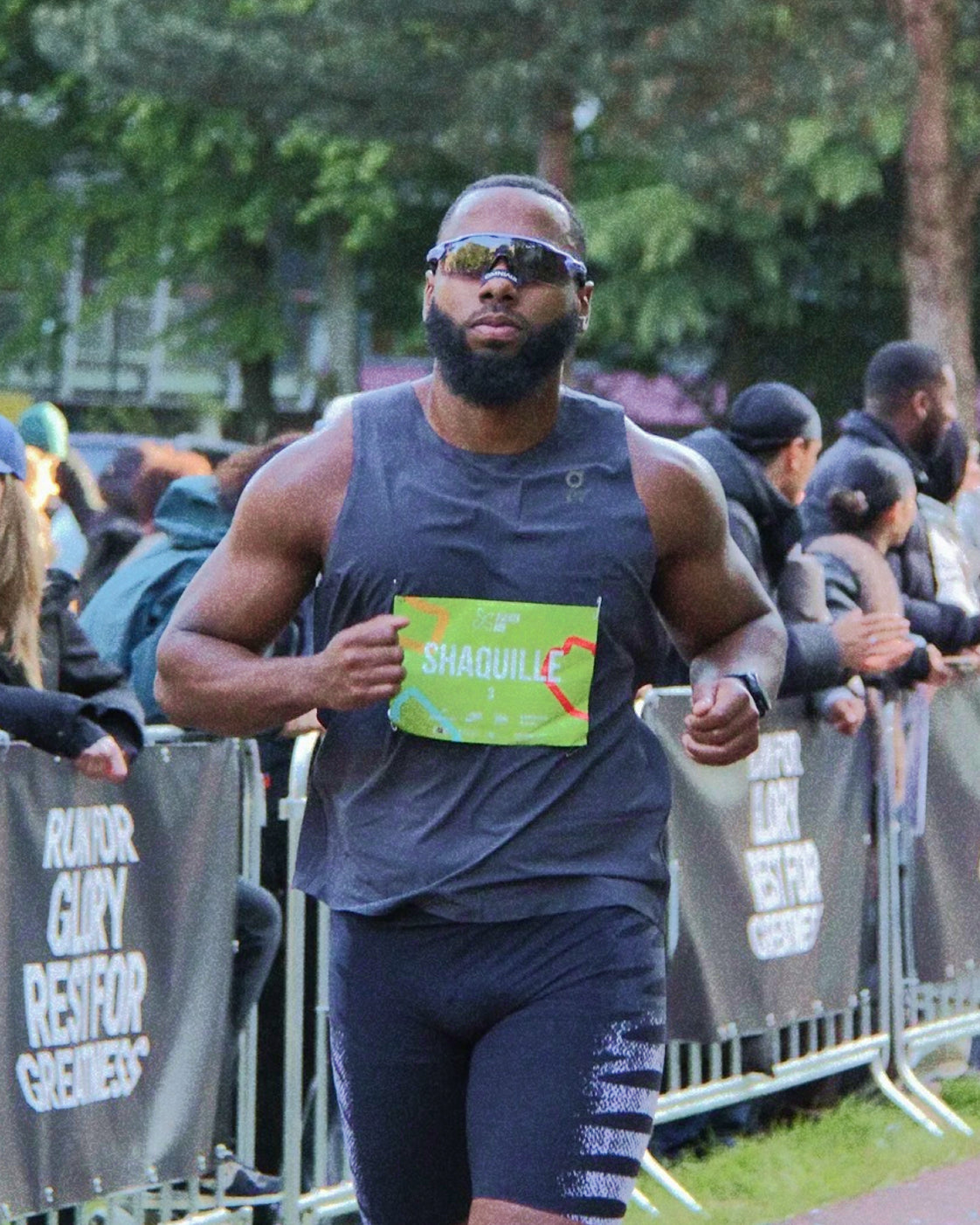 Marathon runner pushing through final kilometres wearing nasal strip