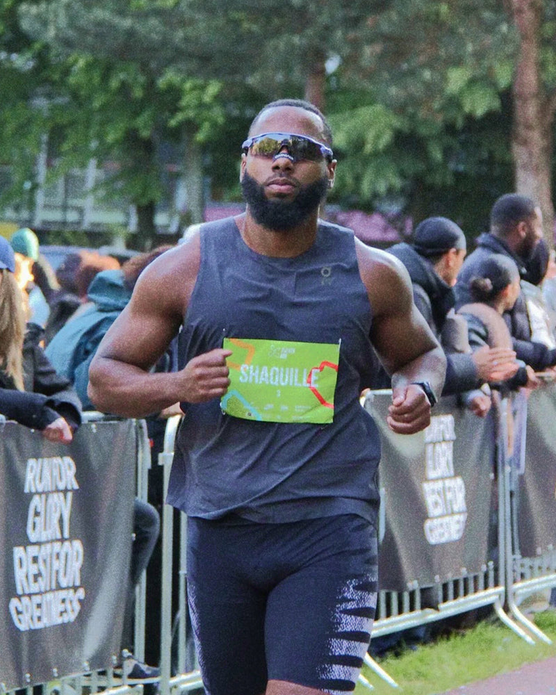 Marathon runner pushing through final kilometres wearing nasal strip
