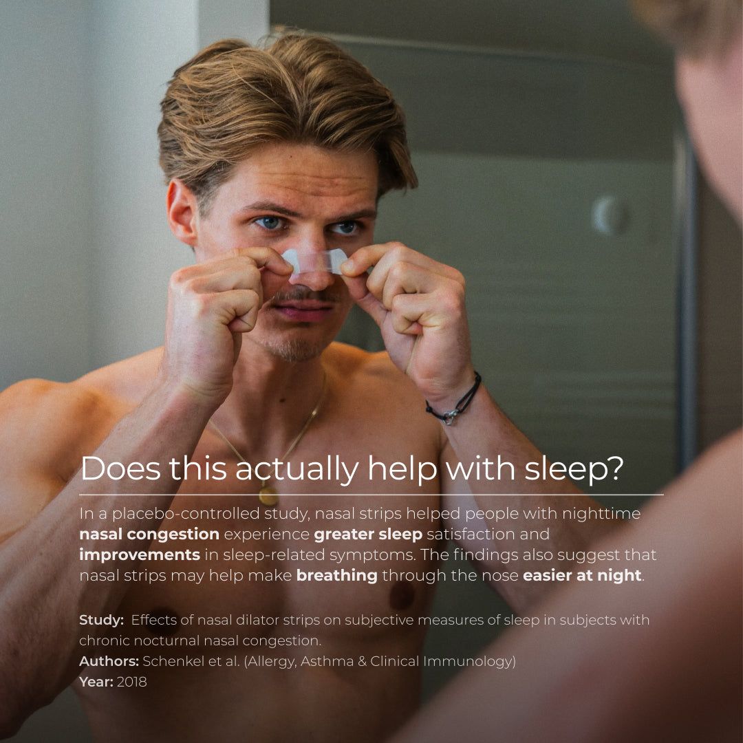 A man applies a transparent OMNIAIR nasal strip in front of a mirror. The image highlights scientific research on nasal breathing, nighttime nasal congestion, and sleep satisfaction.