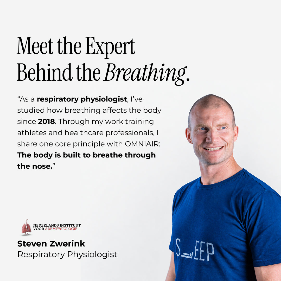 Steven Zwerink, respiratory physiologist and breathing expert, featured in an OMNIAIR educational graphic discussing nasal breathing, respiratory physiology and his shared vision with OMNIAIR.